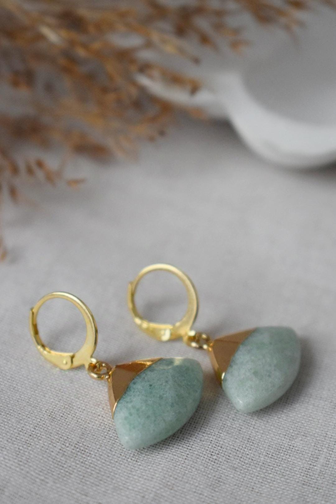 Gold plated huggie earrings with aventurine pendant, Dangle stone earrings, Green triangle drop earrings, Fan earrings, Jewelry gift for her