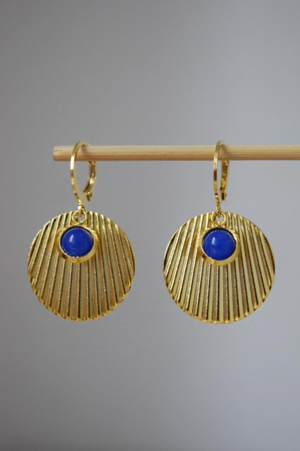 Blue jade earrings, Round disc earrings, 24k gold plated stainless steel earrings, Lightweight jewelry, Best christmas gift for her