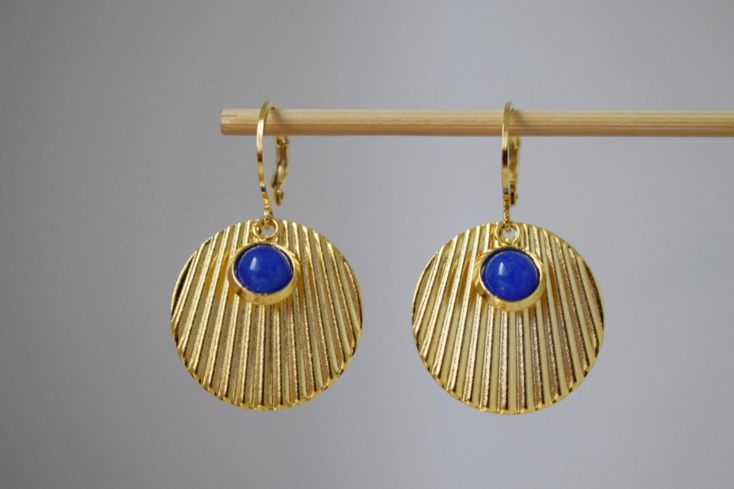 Blue jade earrings, Round disc earrings, 24k gold plated stainless steel earrings, Lightweight jewelry, Best christmas gift for her