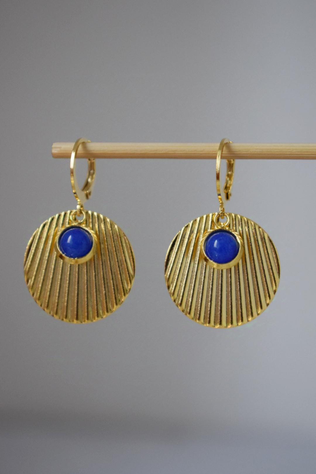 Blue jade earrings, Round disc earrings, 24k gold plated stainless steel earrings, Lightweight jewelry, Best christmas gift for her