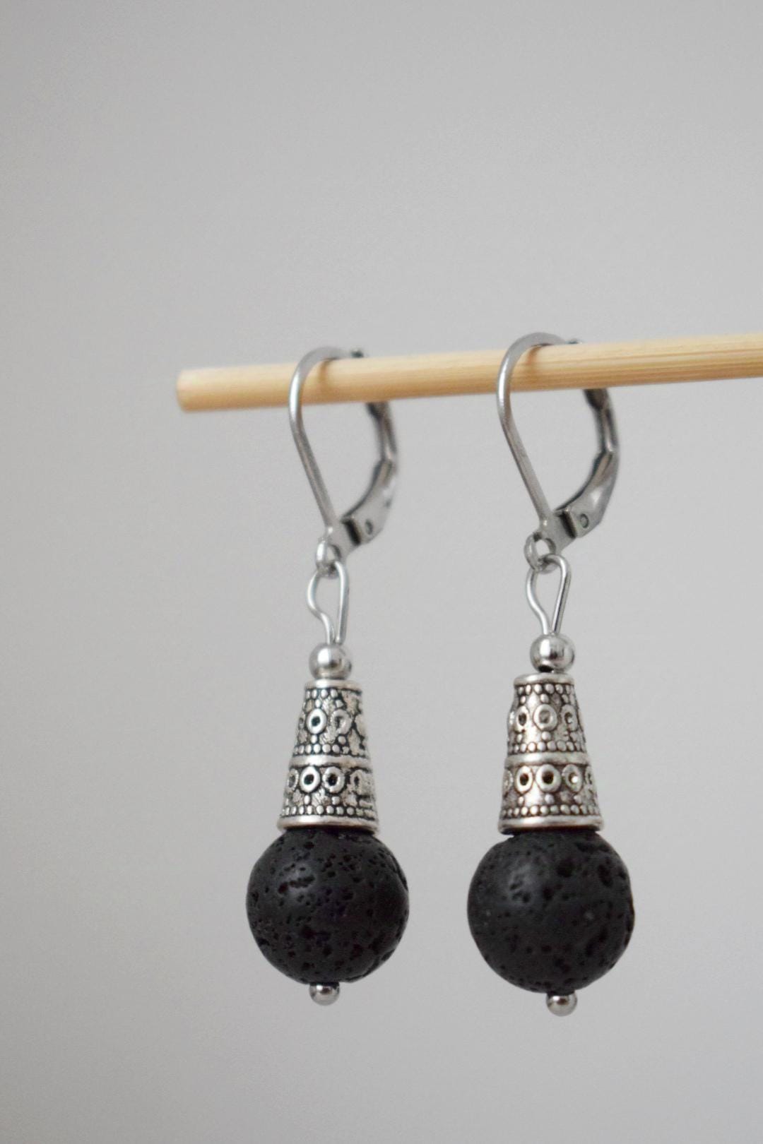 Lava stone bead earrings silver, Black gemstone huggie hoops, Boho earrings, Lava rock, Diffuser Jewelry, Essential oil, Unique gift for her