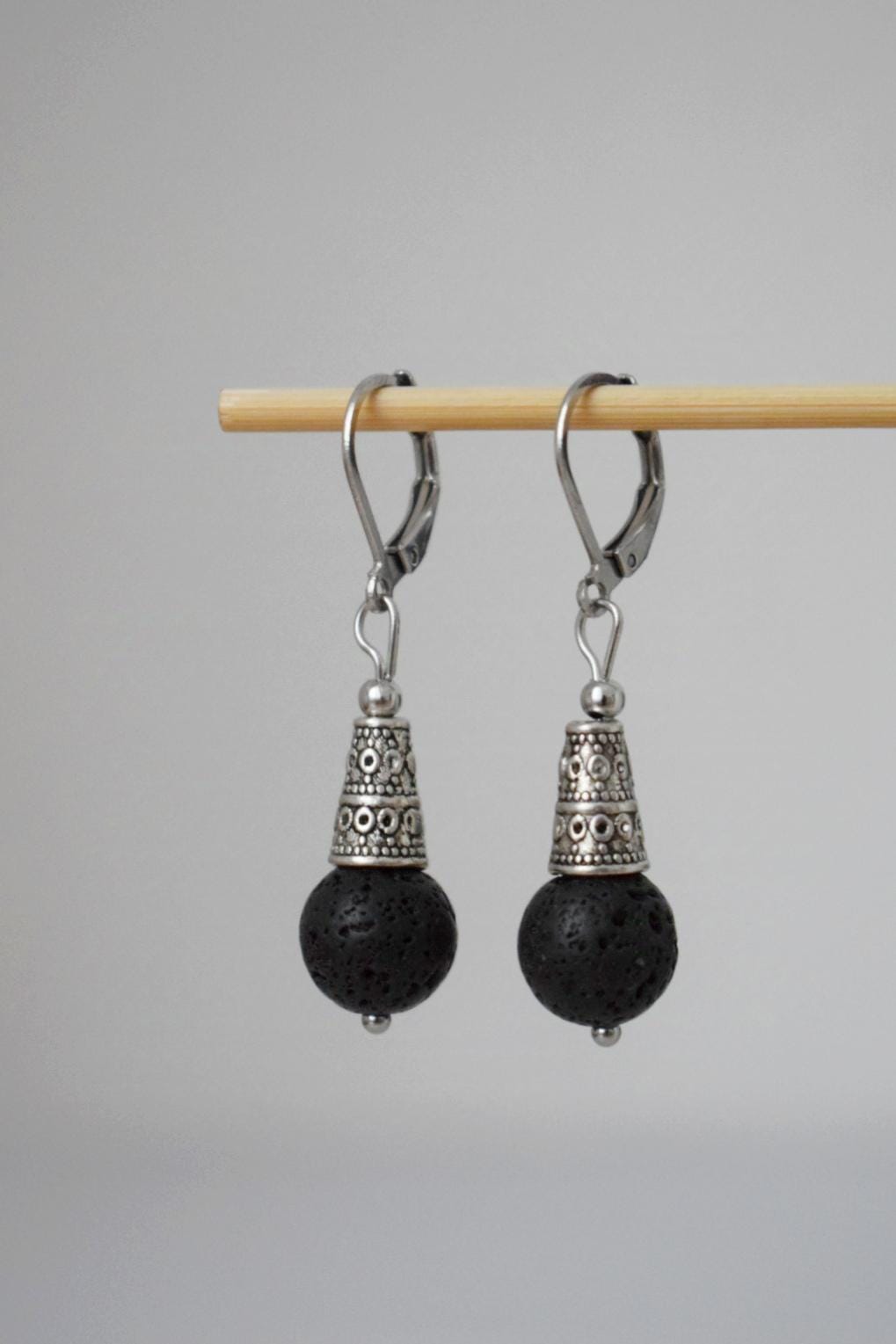 Lava stone bead earrings silver, Black gemstone huggie hoops, Boho earrings, Lava rock, Diffuser Jewelry, Essential oil, Unique gift for her