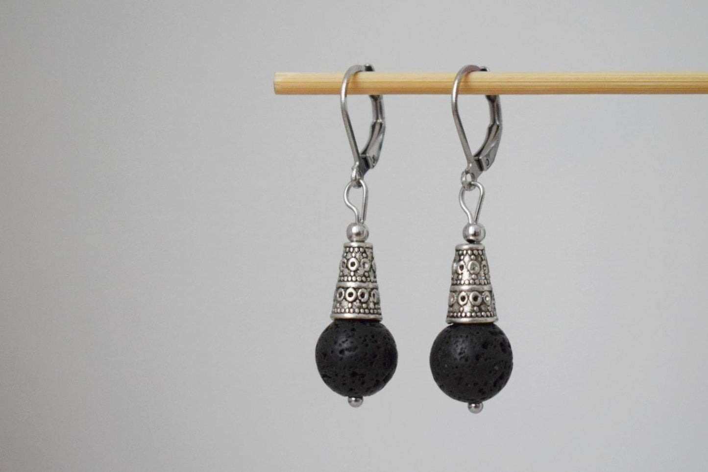 Lava stone bead earrings silver, Black gemstone huggie hoops, Boho earrings, Lava rock, Diffuser Jewelry, Essential oil, Unique gift for her