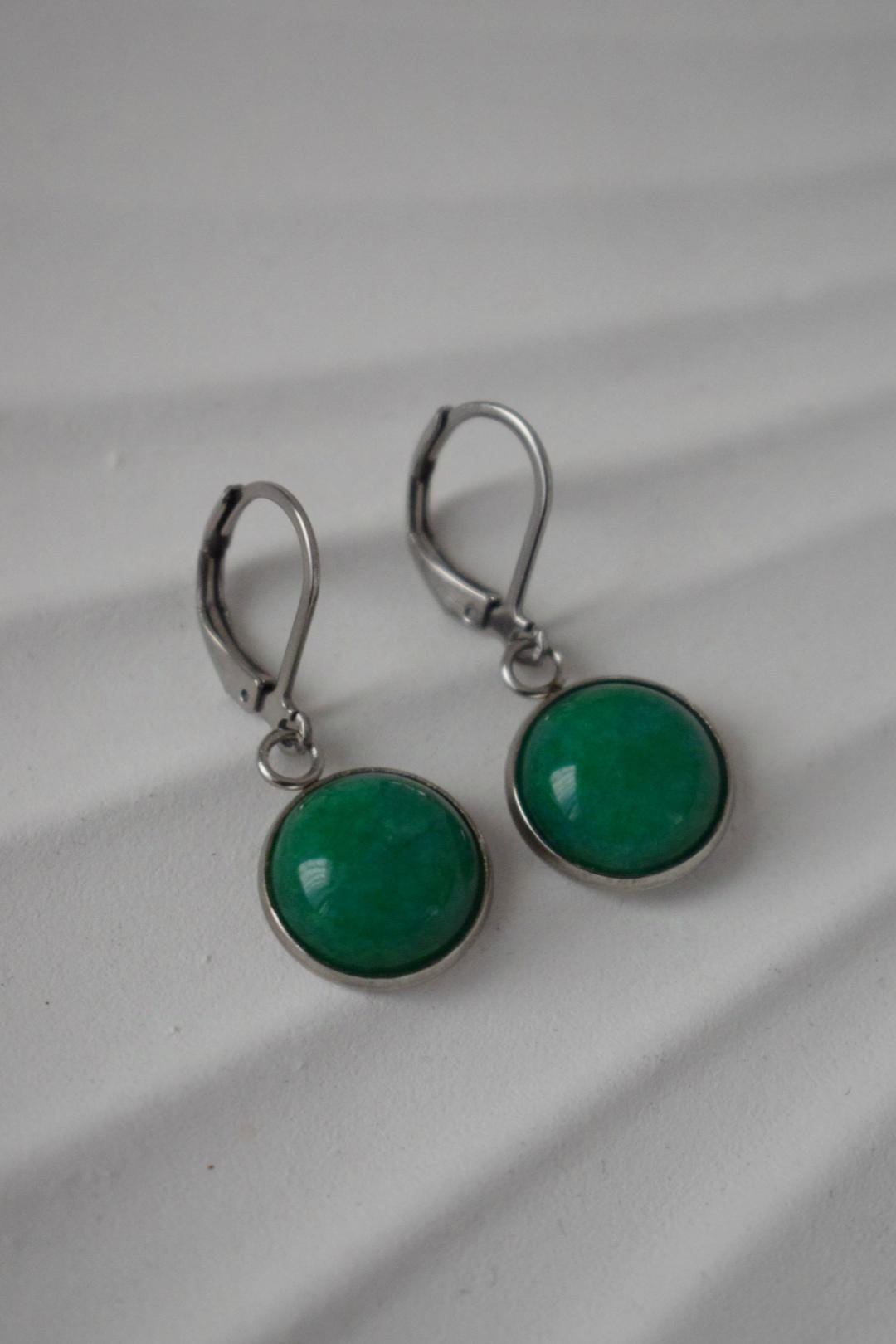Green jade earrings, Gemstone pendant dangle huggie earrings, Green stone hoop earrings, Handmade jewelry gift women