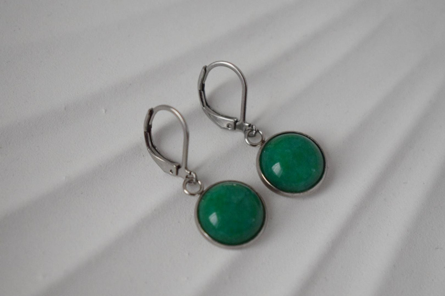 Green jade earrings, Gemstone pendant dangle huggie earrings, Green stone hoop earrings, Handmade jewelry gift women