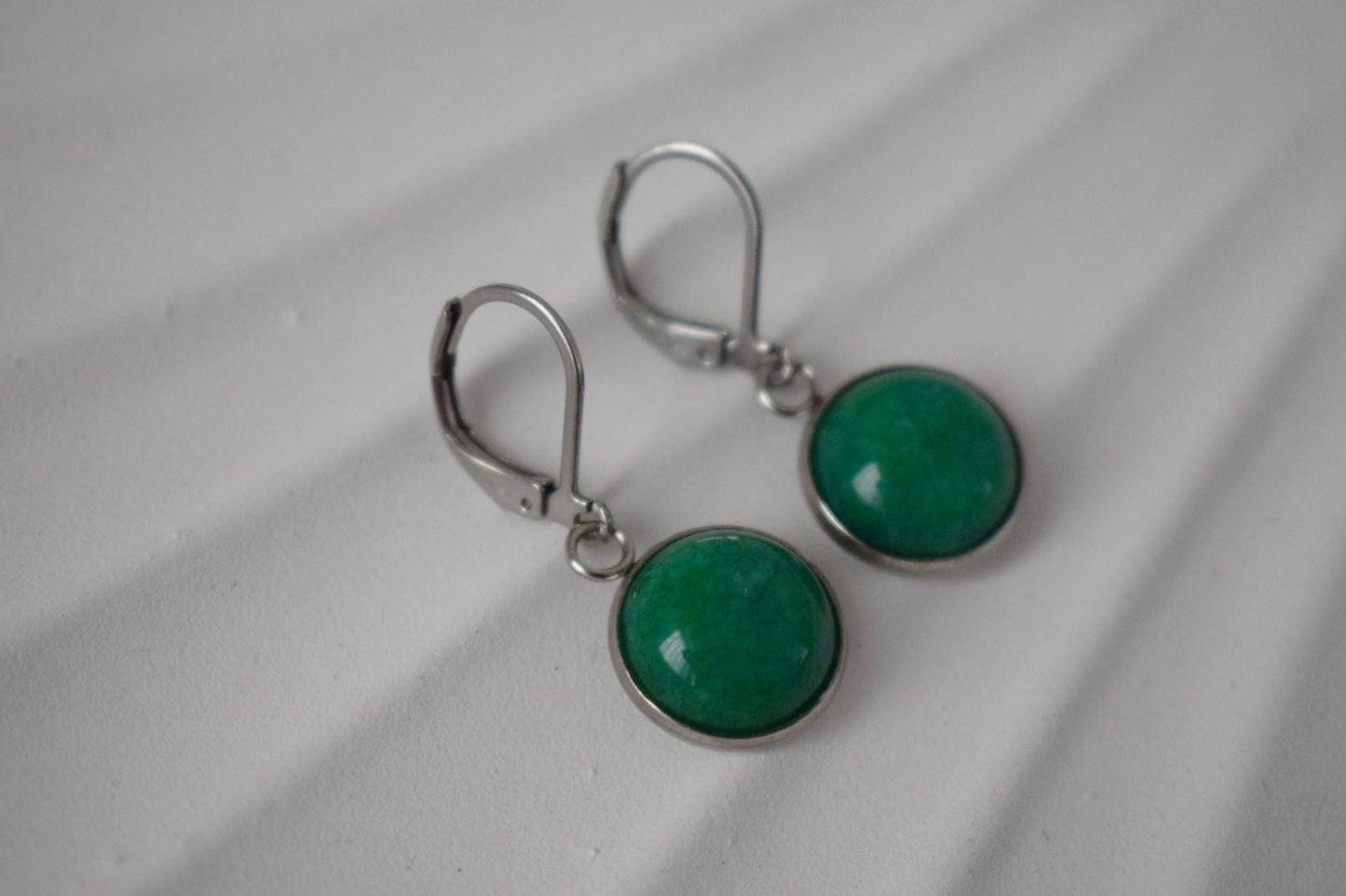 Green jade earrings, Gemstone pendant dangle huggie earrings, Green stone hoop earrings, Handmade jewelry gift women