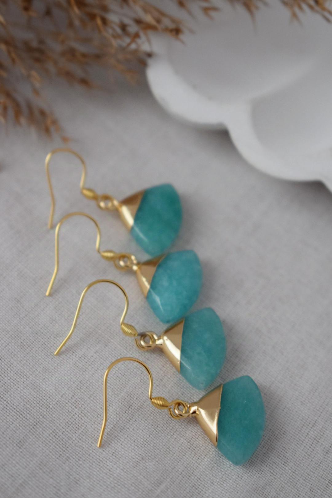 Aquamarine jade earrings, Fan gemstone pendant, Gold plated stainless steel earrings hooks, Unique jewelry gift, Best christmas gift