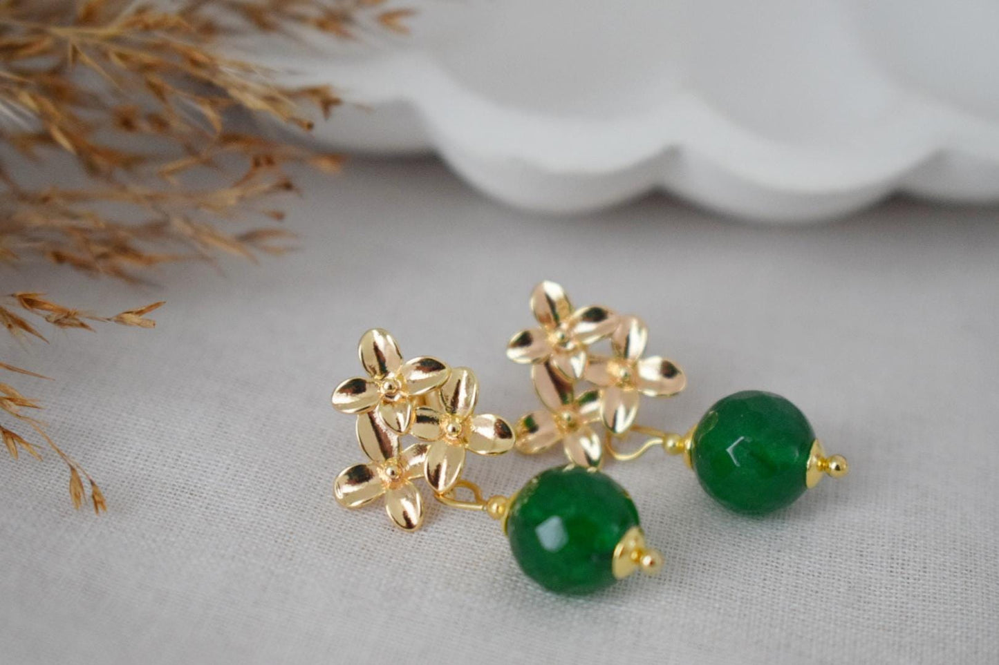 Green jade earrings with 18K gold plated flower studs, Pendant dangle drop shell earrings, Royal earrings, Unique jewelry, Best gift for her