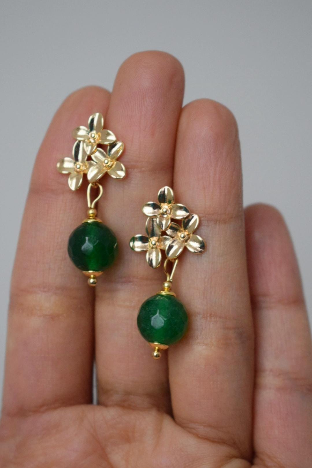 Green jade earrings with 18K gold plated flower studs, Pendant dangle drop shell earrings, Royal earrings, Unique jewelry, Best gift for her
