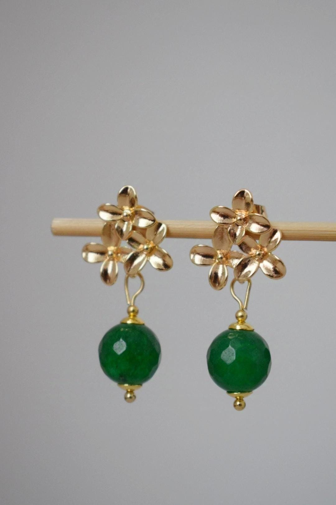 Green jade earrings with 18K gold plated flower studs, Pendant dangle drop shell earrings, Royal earrings, Unique jewelry, Best gift for her