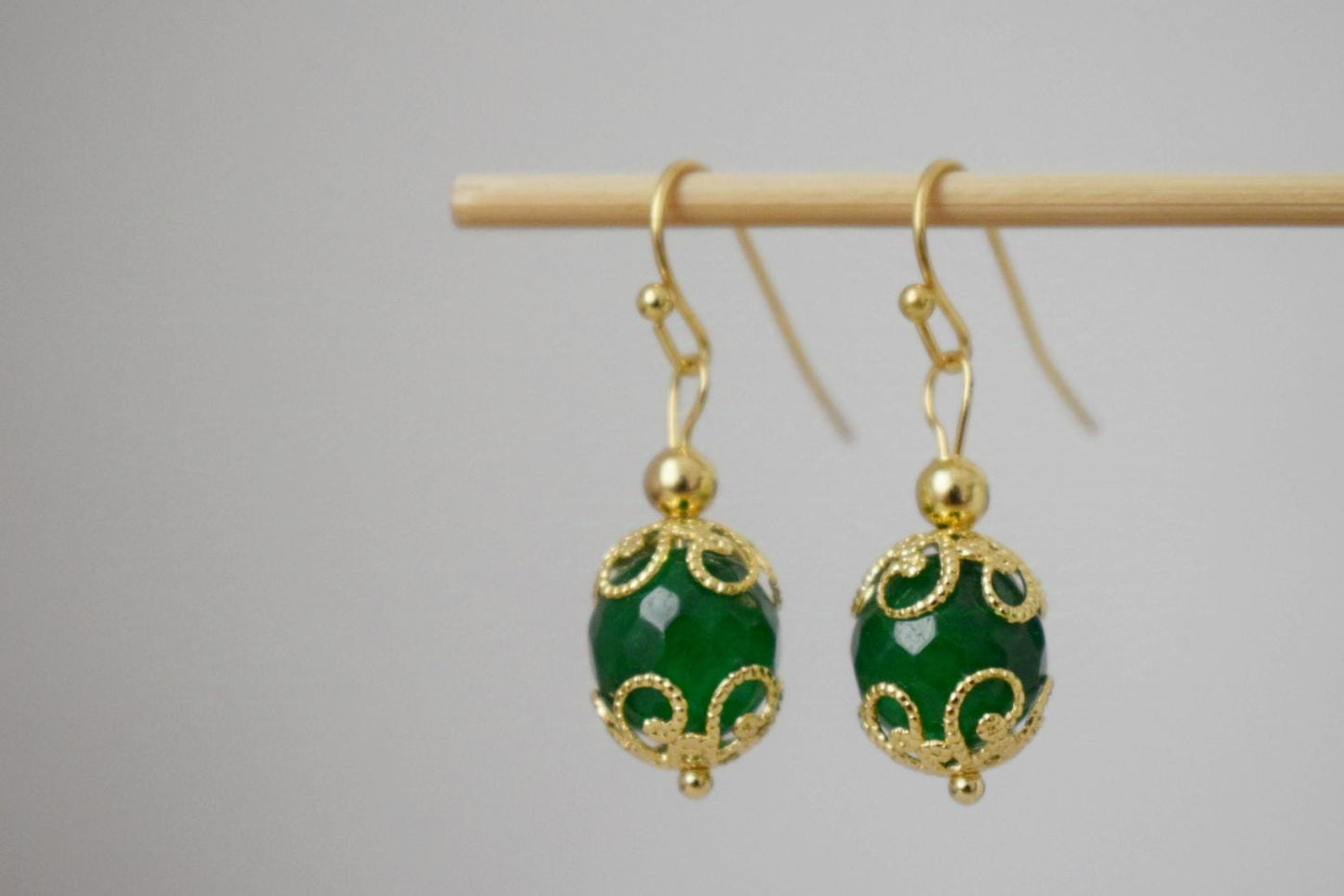 Green jade earrings dangle, Gemstone gold earrings, Green faceted earrings, Stone ball earrings, Green jade jewelry, Anniversary gift her