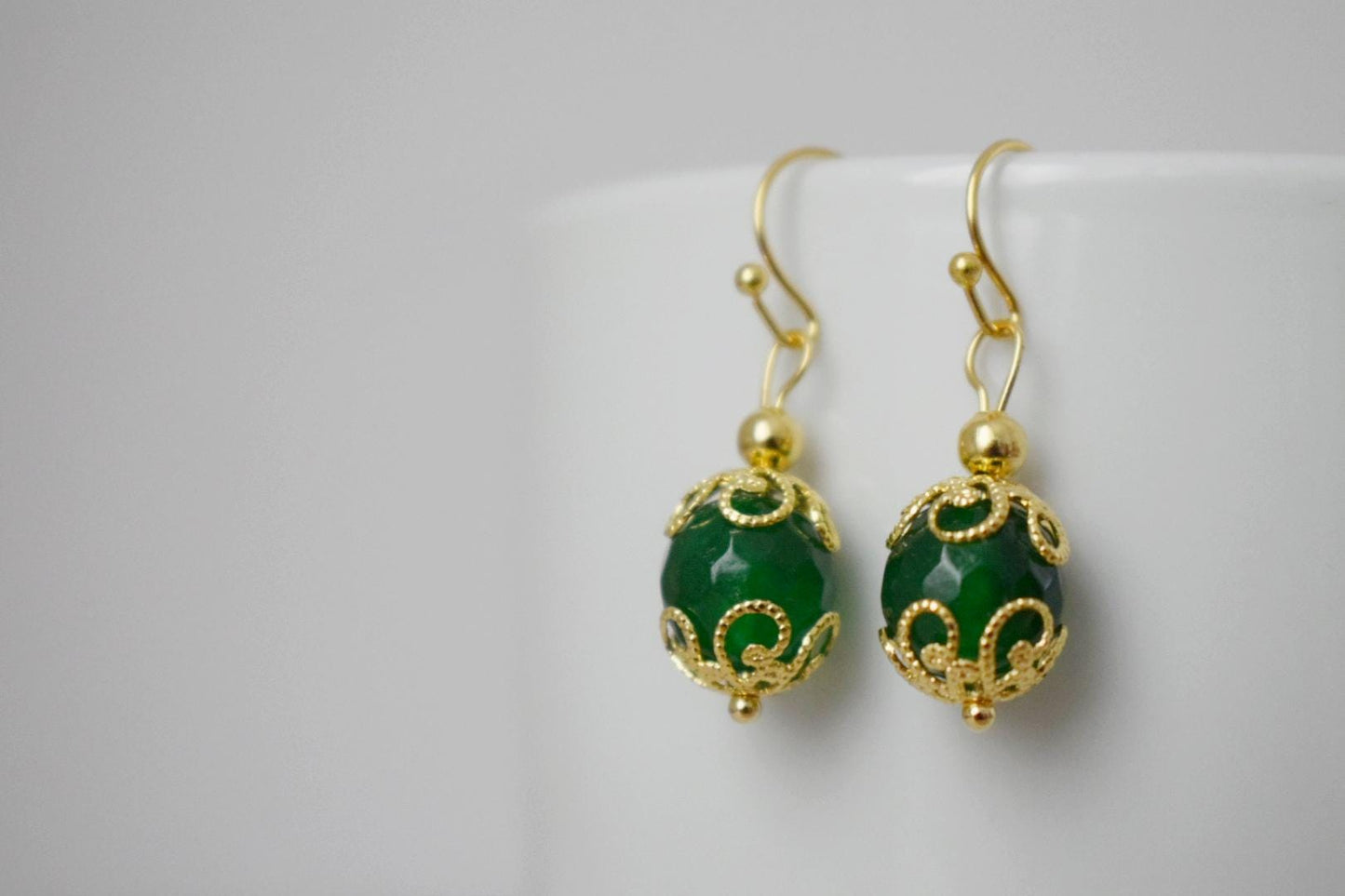 Green jade earrings dangle, Gemstone gold earrings, Green faceted earrings, Stone ball earrings, Green jade jewelry, Anniversary gift her