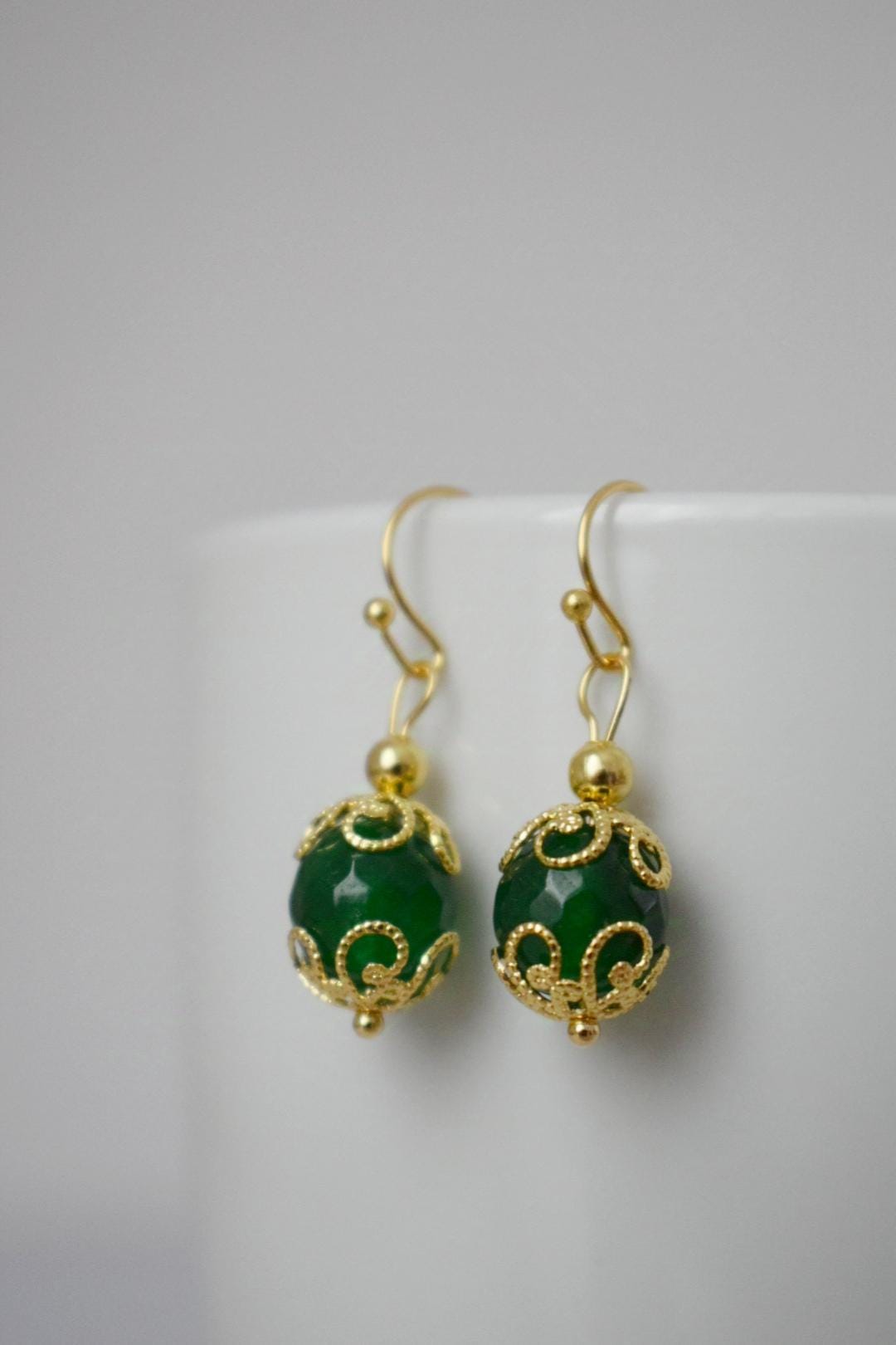 Green jade earrings dangle, Gemstone gold earrings, Green faceted earrings, Stone ball earrings, Green jade jewelry, Anniversary gift her
