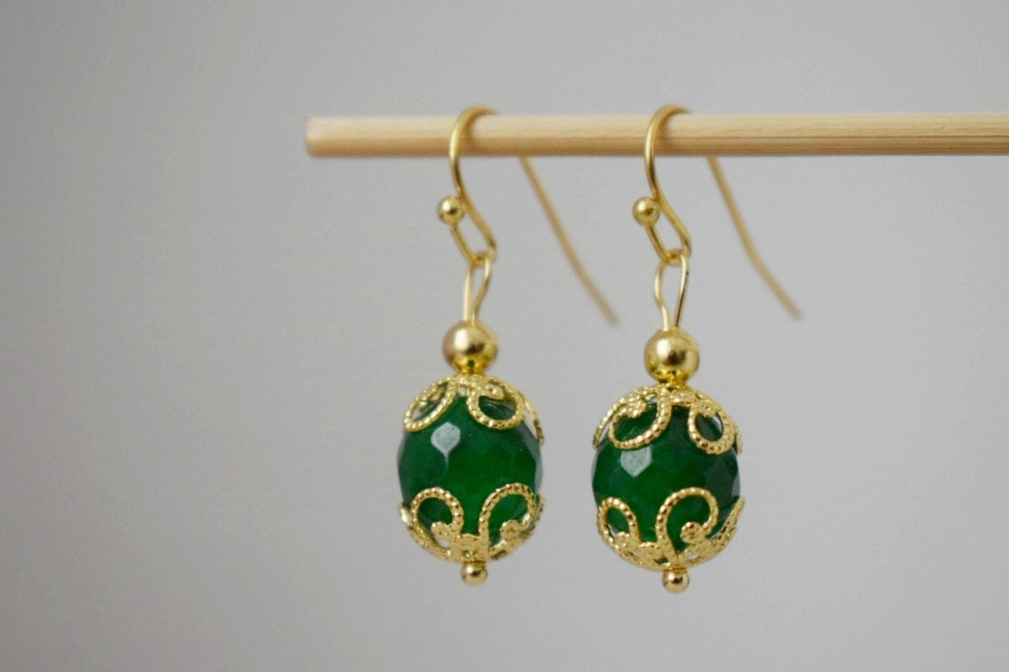 Green jade earrings dangle, Gemstone gold earrings, Green faceted earrings, Stone ball earrings, Green jade jewelry, Anniversary gift her