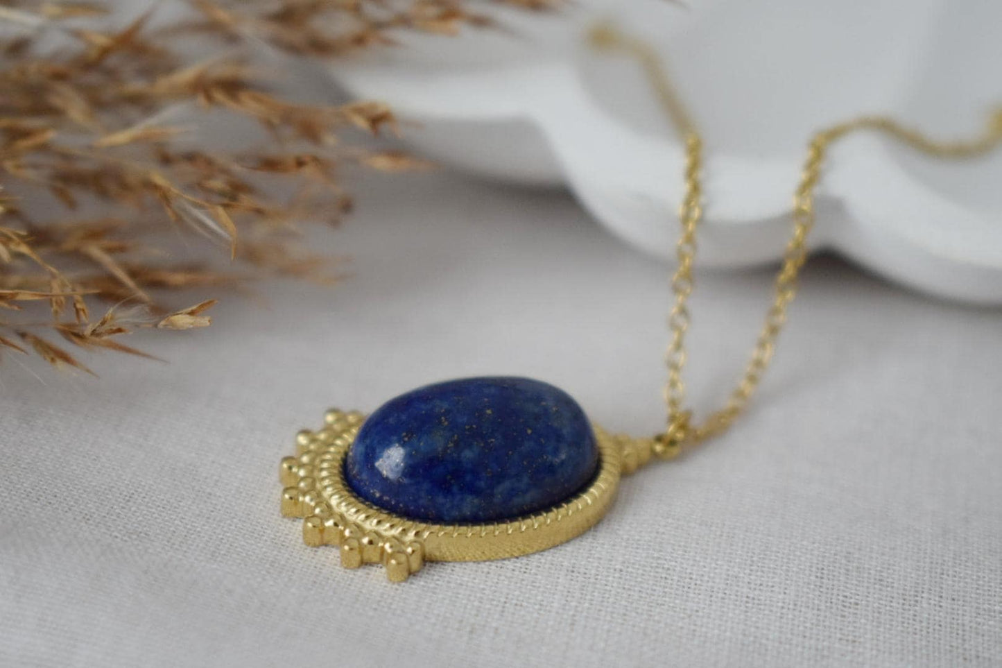 Lapis lazuli Necklace Gold, Oval Gemstone Victorian Necklace For Women, Unique Pendant, Stone Statement Necklace, Best Jewelry Gift For Her