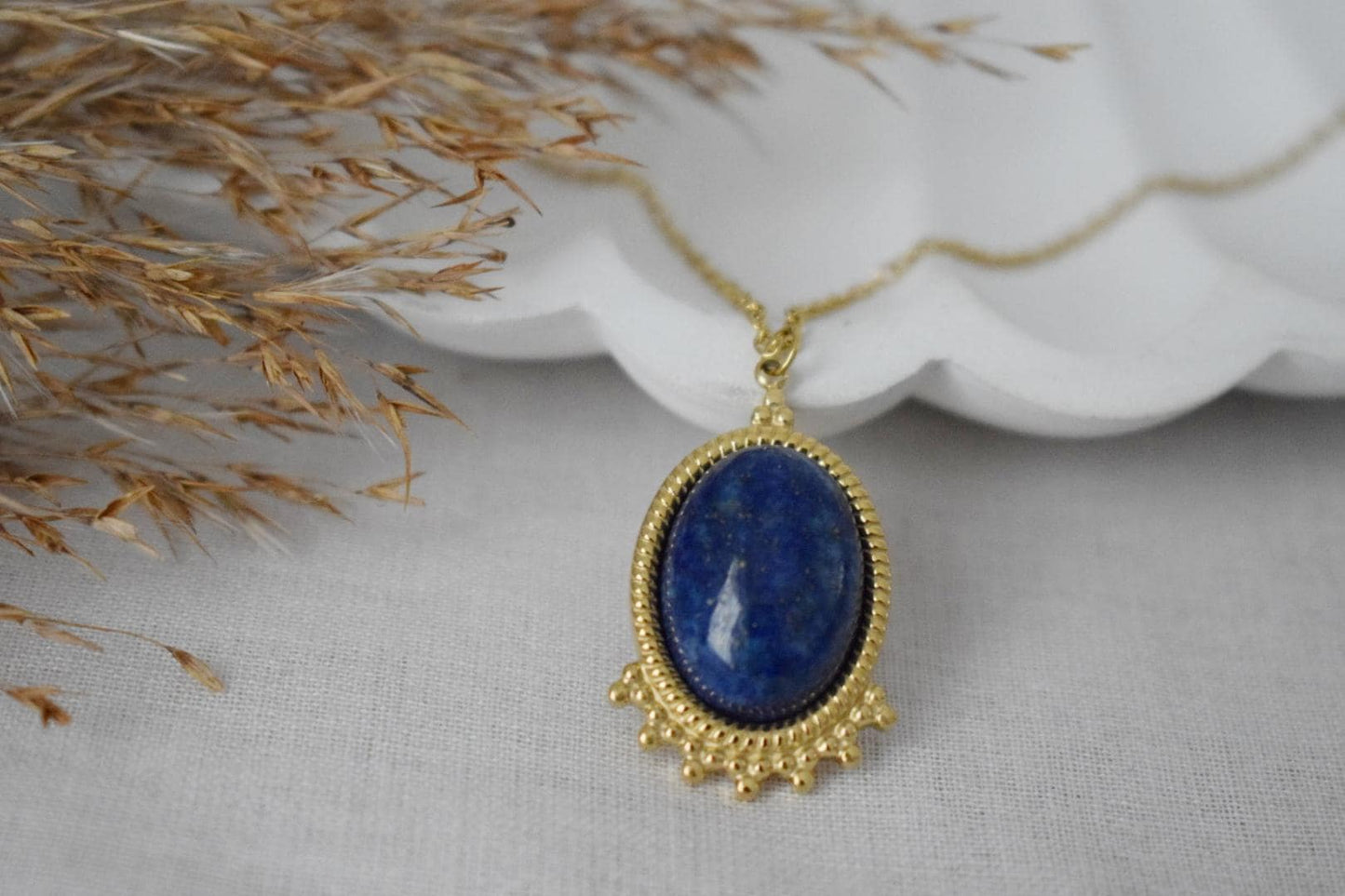 Lapis lazuli Necklace Gold, Oval Gemstone Victorian Necklace For Women, Unique Pendant, Stone Statement Necklace, Best Jewelry Gift For Her