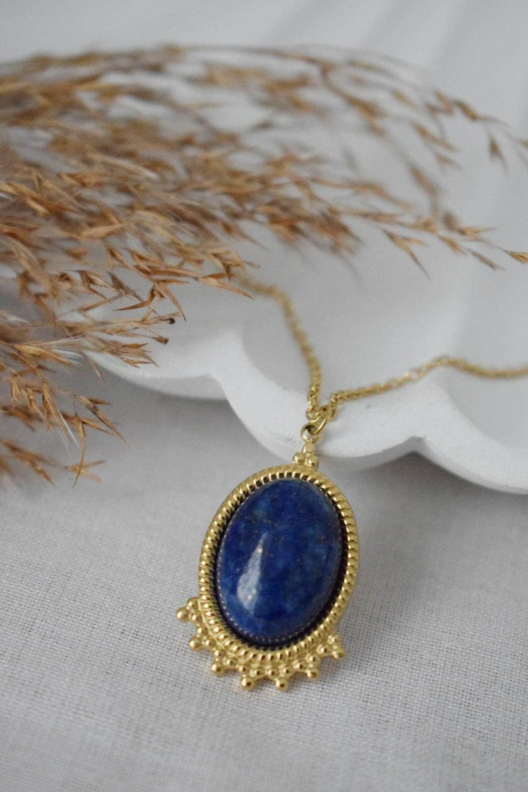 Lapis lazuli Necklace Gold, Oval Gemstone Victorian Necklace For Women, Unique Pendant, Stone Statement Necklace, Best Jewelry Gift For Her