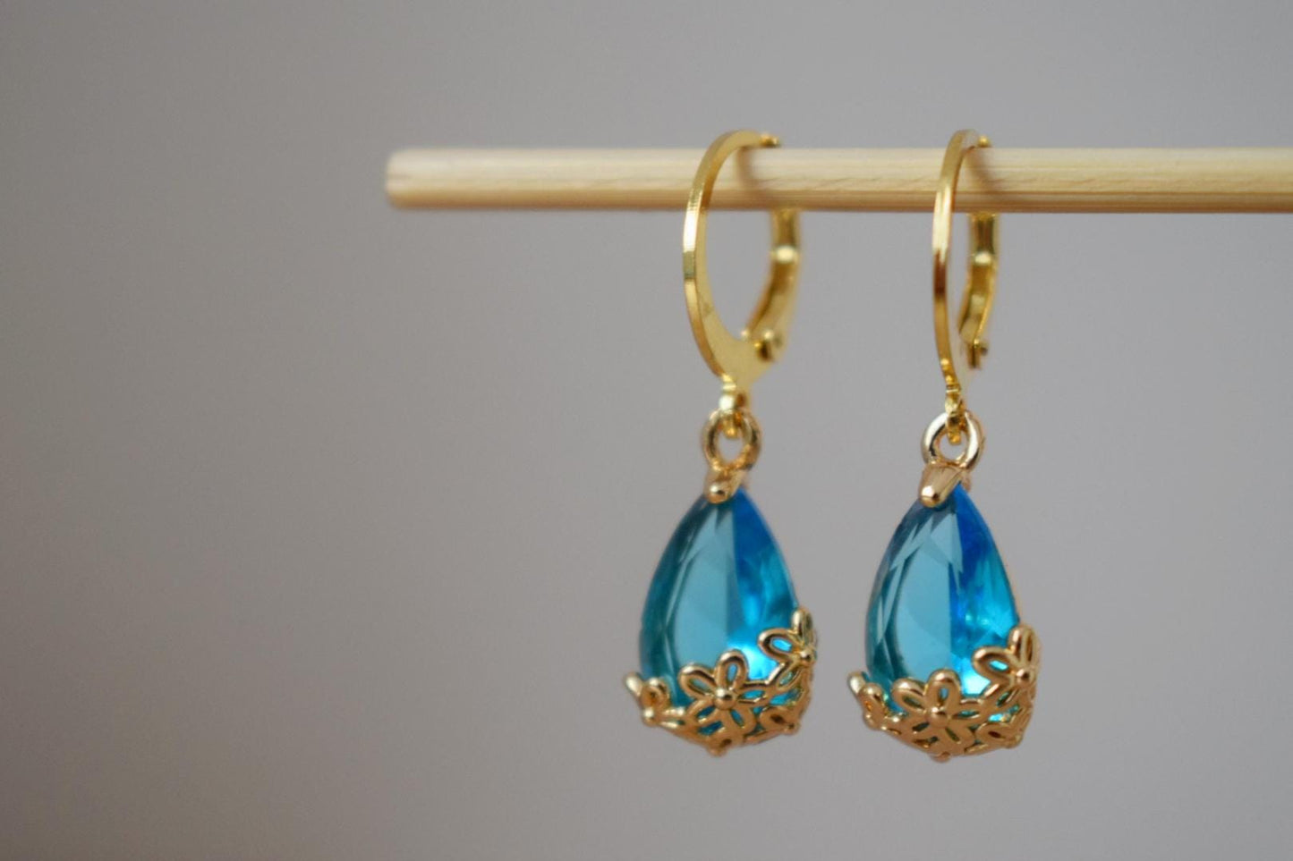 Sky blue rhinestone teardrop earrings with 24k gold plated stainless steel huggie hoops, Minimalist ornament jewelry