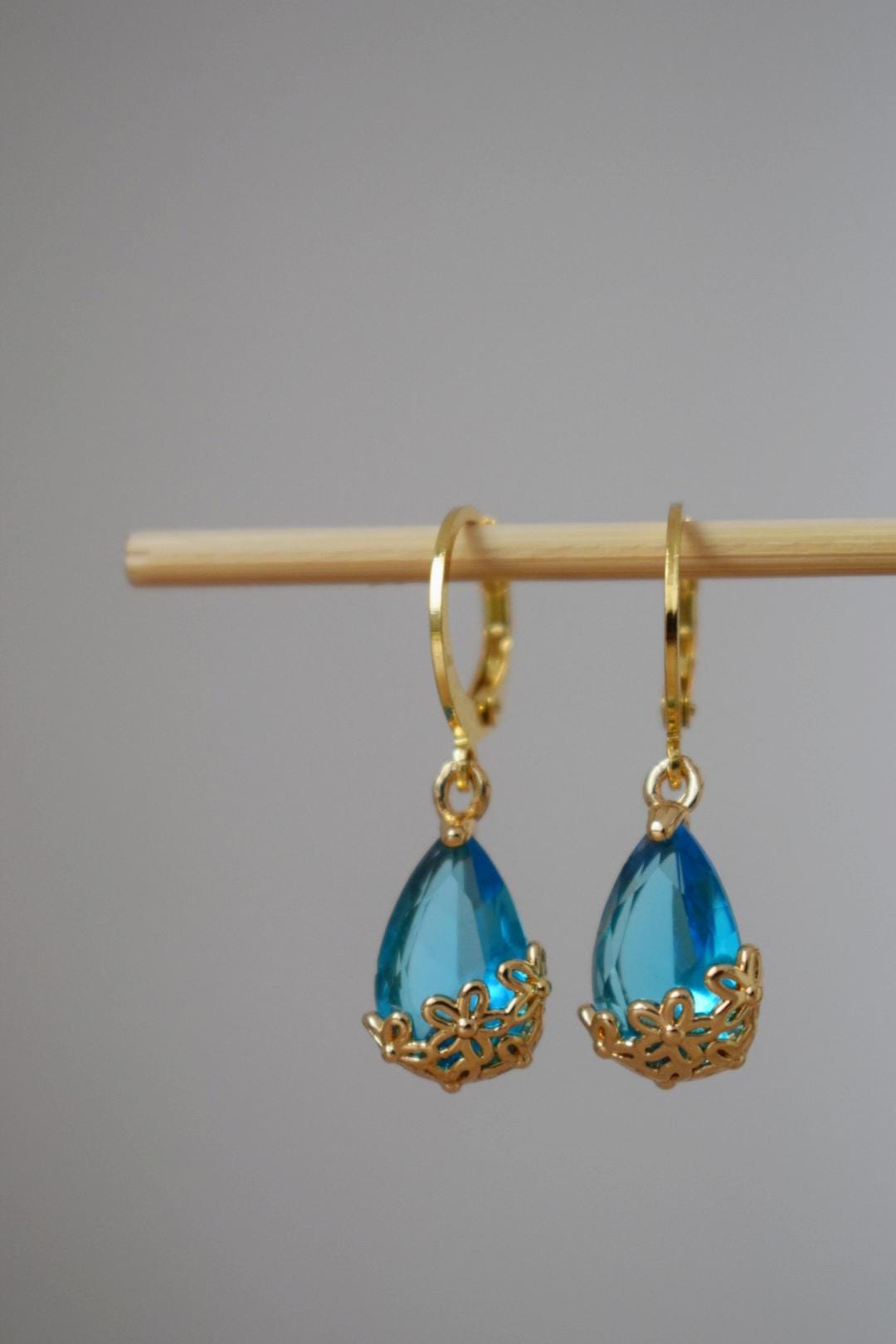 Sky blue rhinestone teardrop earrings with 24k gold plated stainless steel huggie hoops, Minimalist ornament jewelry