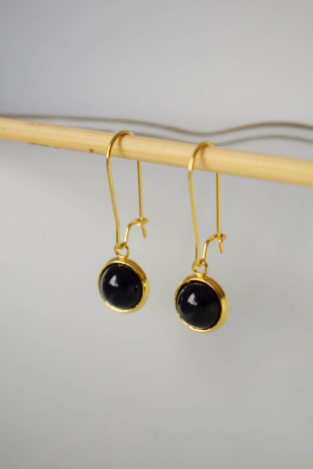 Black agate gold earrings, Black gemstone dangle drop lever back hoop earrings, 10mm black stone hanging earrings, Agate handmade jewelry