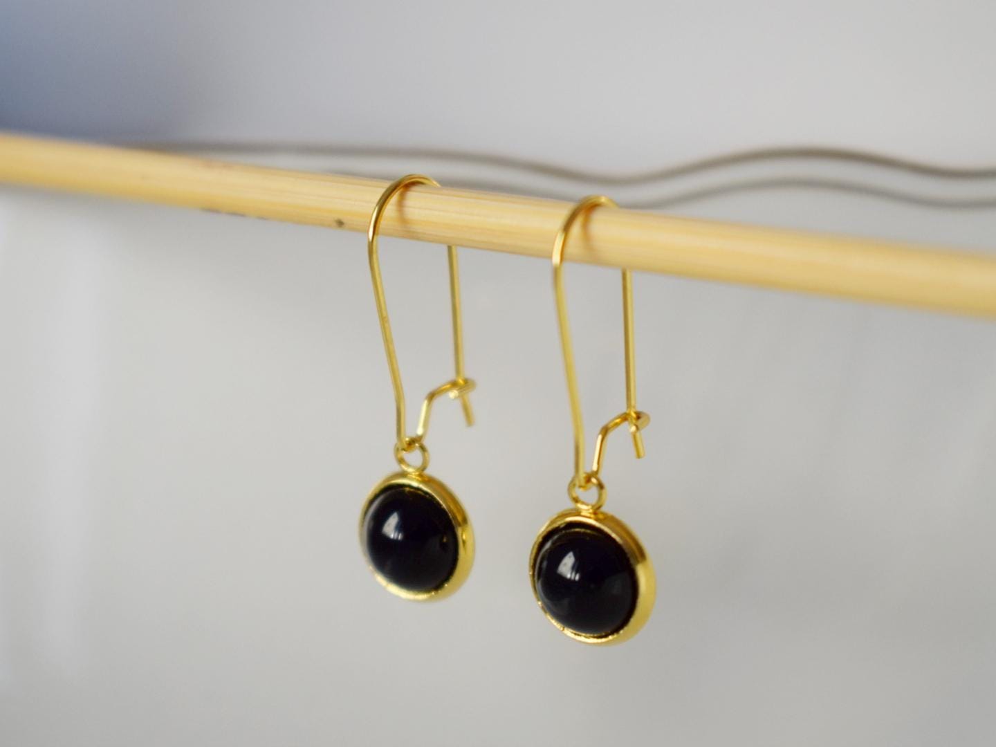 Black agate gold earrings, Black gemstone dangle drop lever back hoop earrings, 10mm black stone hanging earrings, Agate handmade jewelry