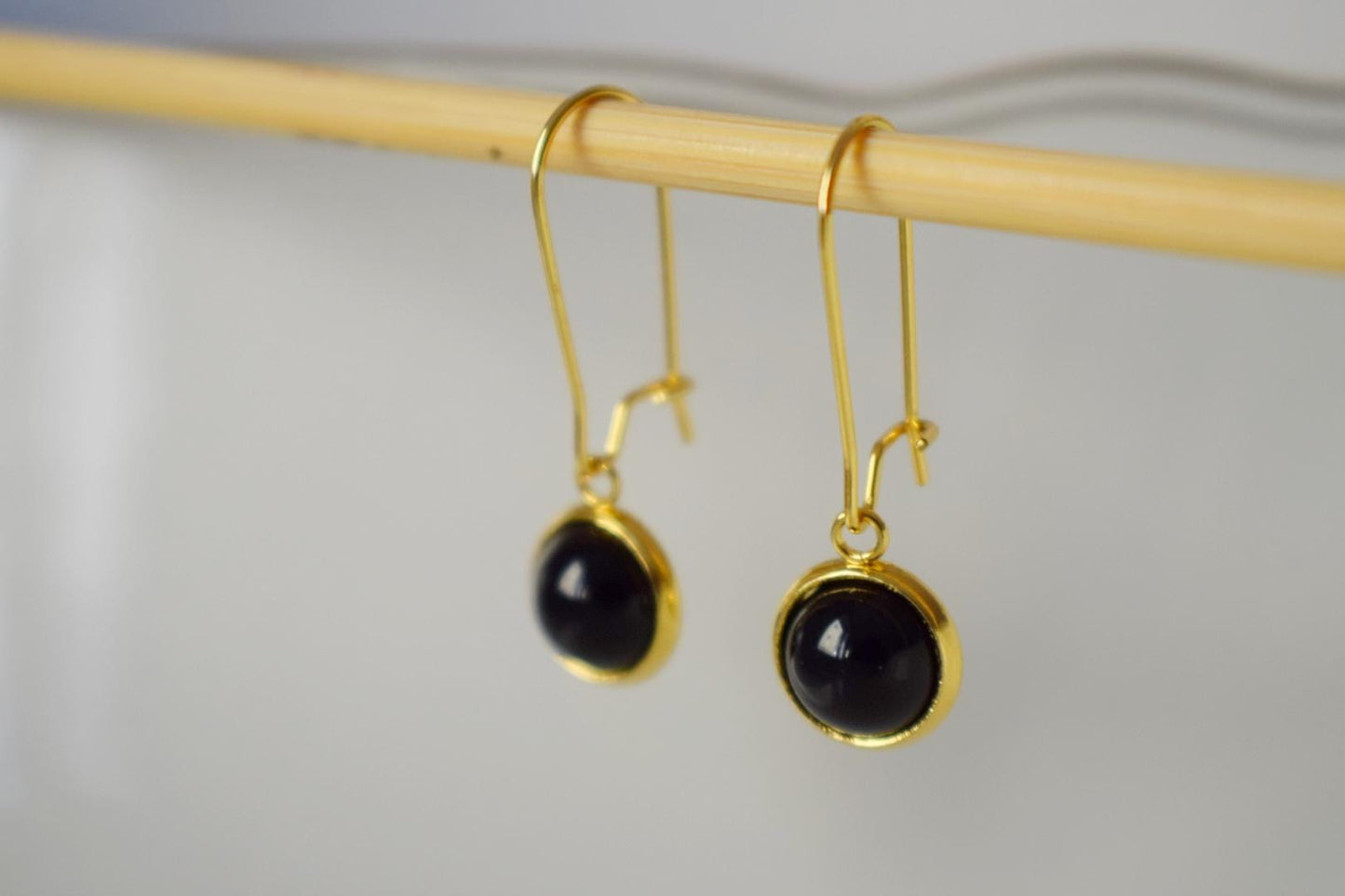 Black agate gold earrings, Black gemstone dangle drop lever back hoop earrings, 10mm black stone hanging earrings, Agate handmade jewelry