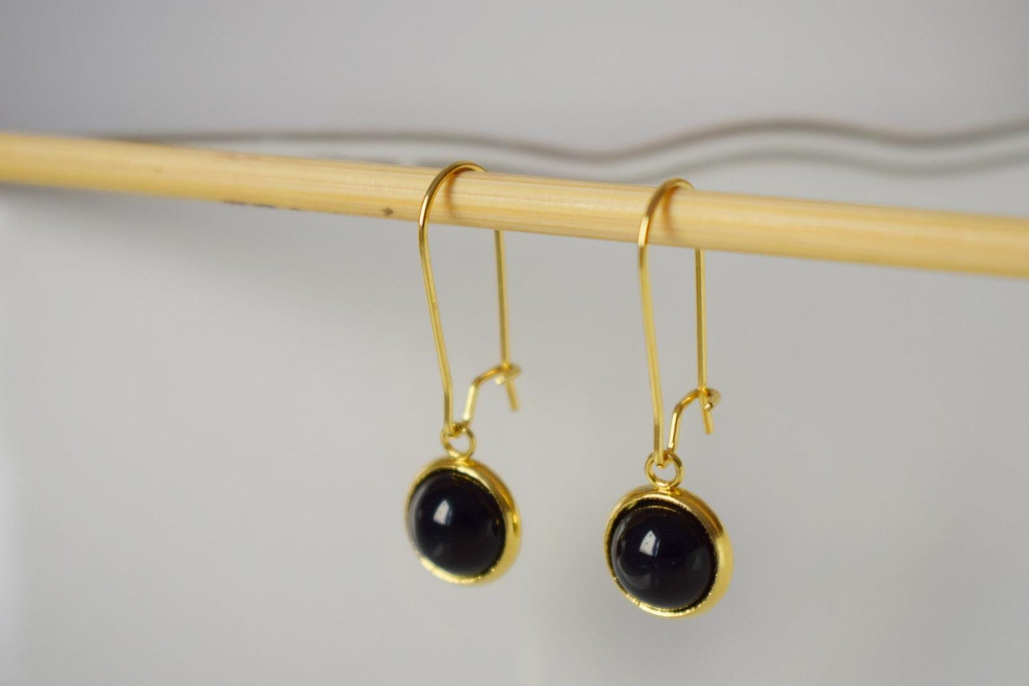 Black agate gold earrings, Black gemstone dangle drop lever back hoop earrings, 10mm black stone hanging earrings, Agate handmade jewelry