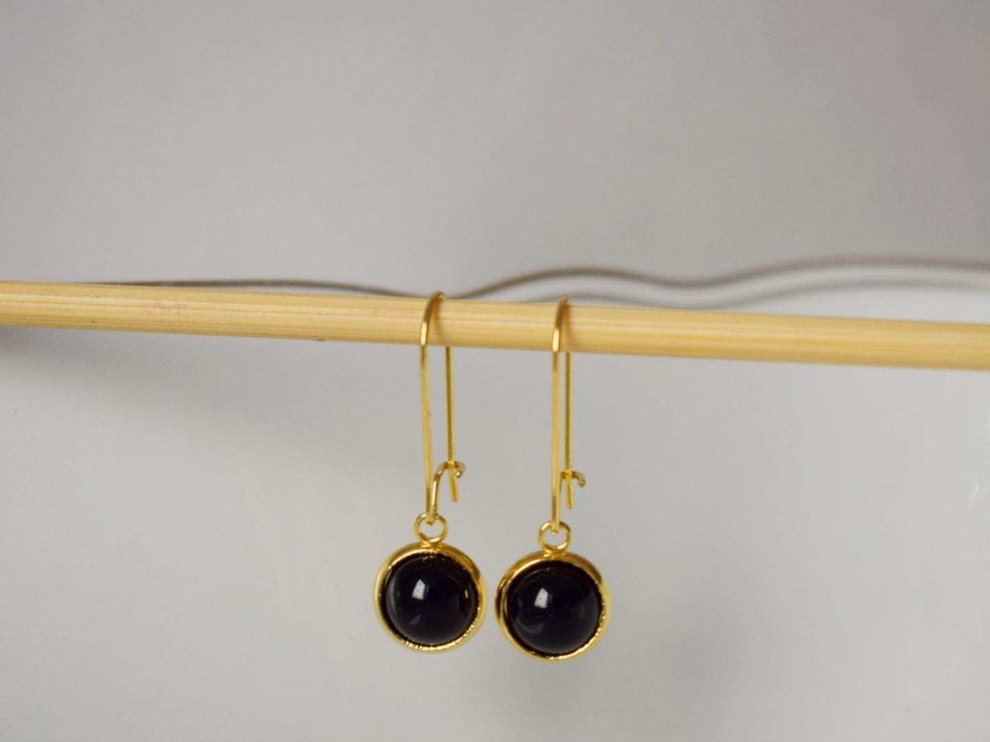 Black agate gold earrings, Black gemstone dangle drop lever back hoop earrings, 10mm black stone hanging earrings, Agate handmade jewelry