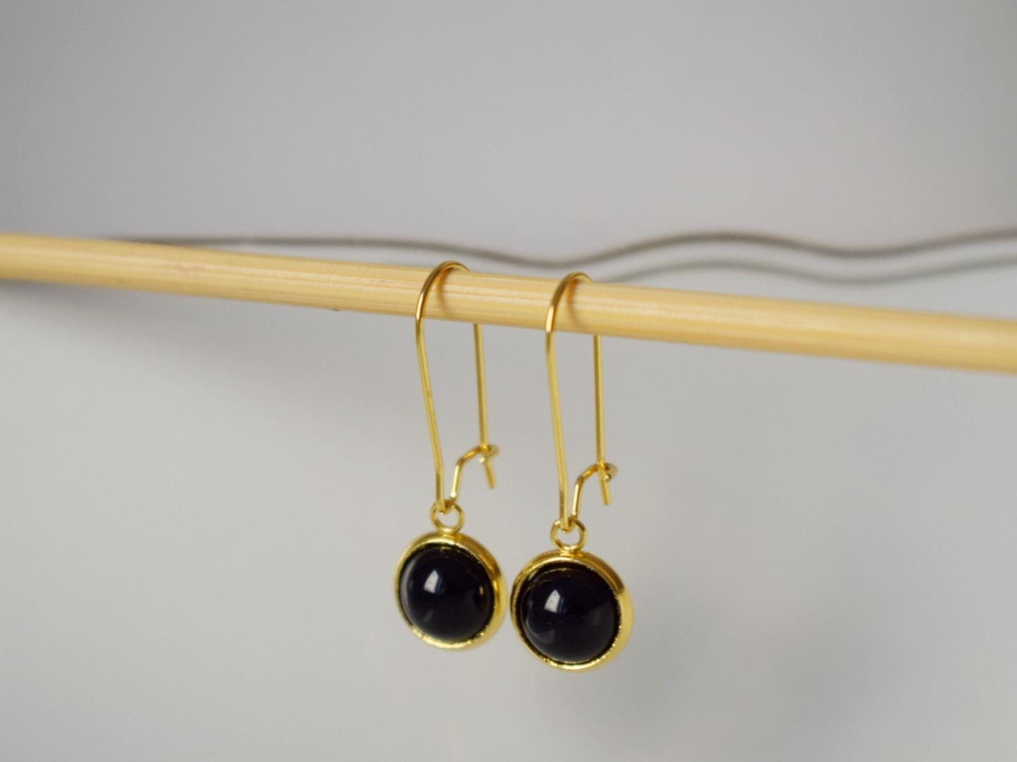 Black agate gold earrings, Black gemstone dangle drop lever back hoop earrings, 10mm black stone hanging earrings, Agate handmade jewelry