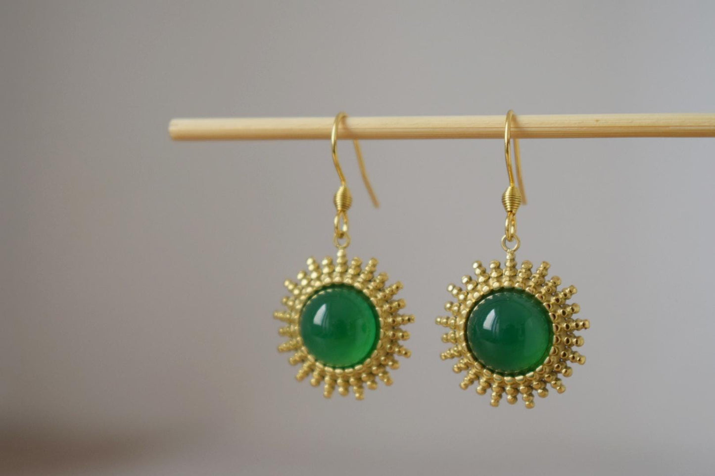 Green agate earrings, Sun rays dangling earrings, Sunburst, Gemstone earrings, Celestial jewelry, Gift for her