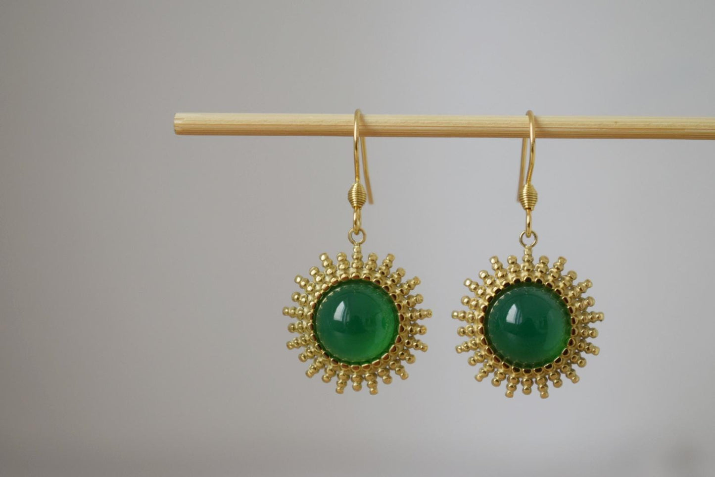 Green agate earrings, Sun rays dangling earrings, Sunburst, Gemstone earrings, Celestial jewelry, Gift for her