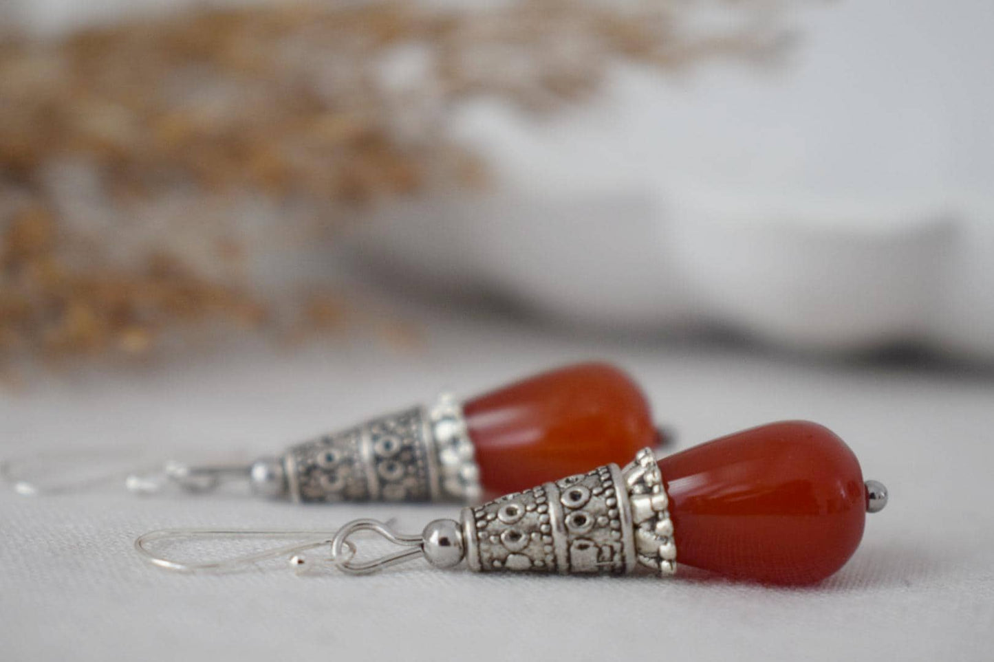 Carnelian teardrop earrings, Boho red gemstone earrings, Vintage dangle and drop earrings, Sterling silver earring hooks, Jewelry gift her