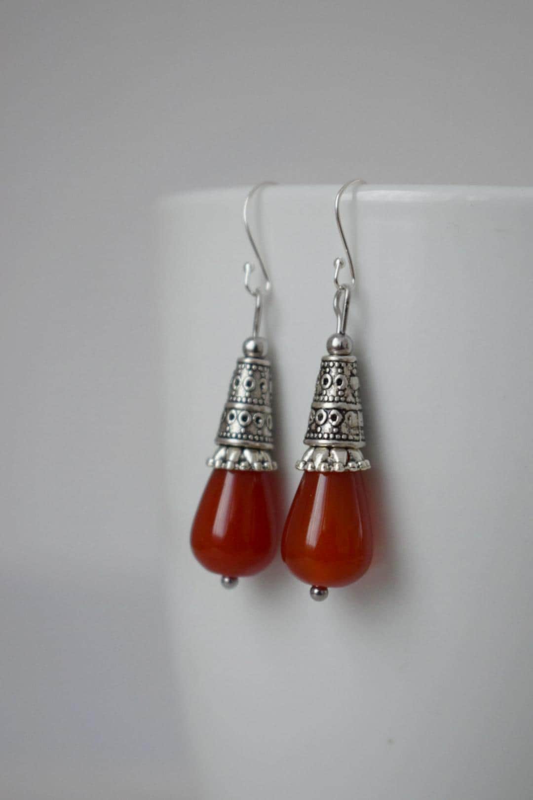 Carnelian teardrop earrings, Boho red gemstone earrings, Vintage dangle and drop earrings, Sterling silver earring hooks, Jewelry gift her