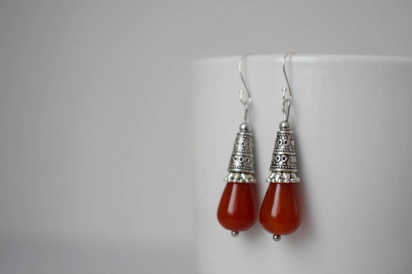 Carnelian teardrop earrings, Boho red gemstone earrings, Vintage dangle and drop earrings, Sterling silver earring hooks, Jewelry gift her
