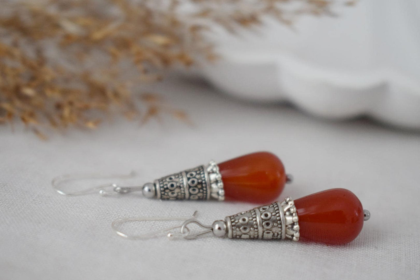 Carnelian teardrop earrings, Boho red gemstone earrings, Vintage dangle and drop earrings, Sterling silver earring hooks, Jewelry gift her