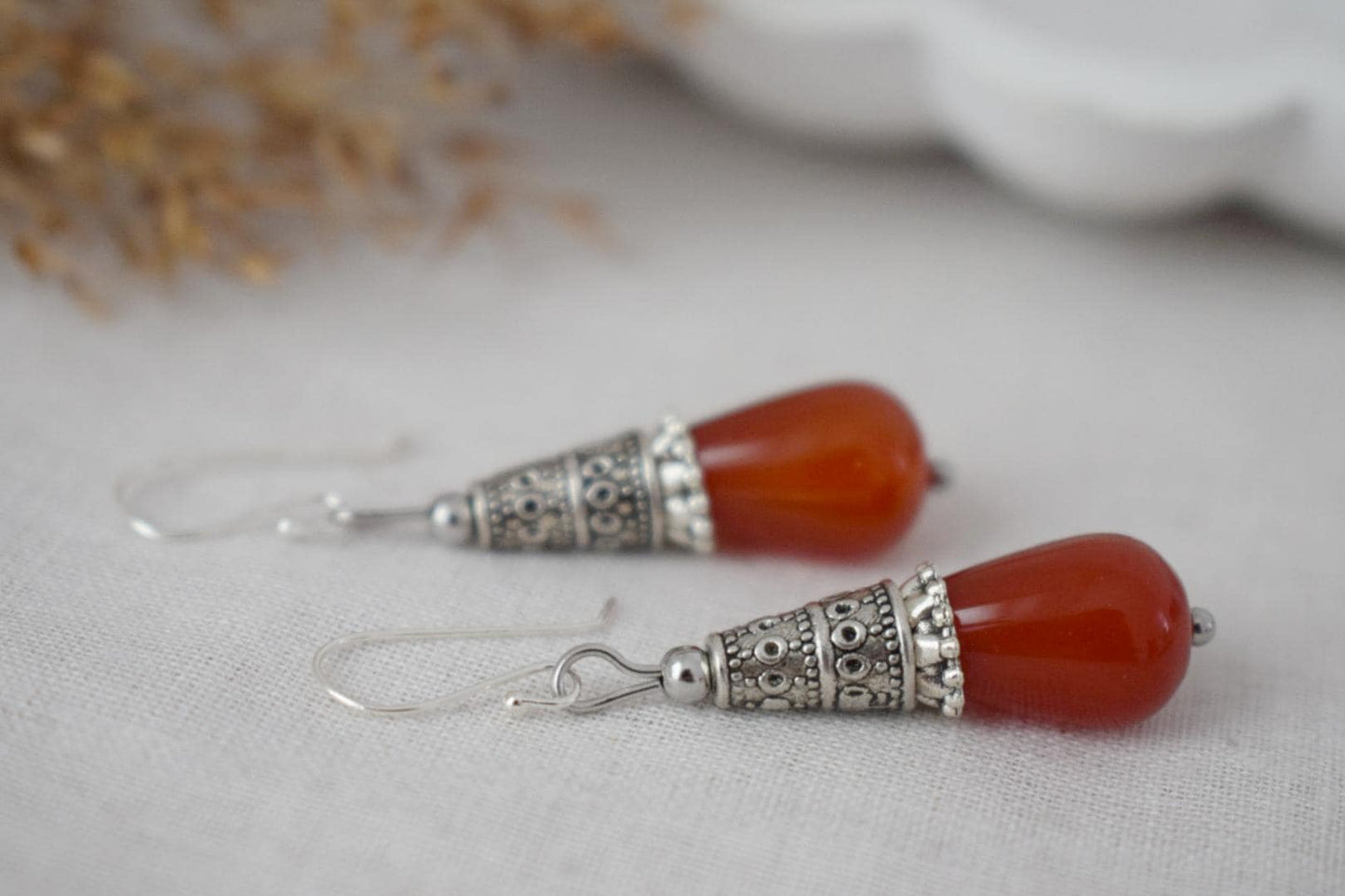Carnelian teardrop earrings, Boho red gemstone earrings, Vintage dangle and drop earrings, Sterling silver earring hooks, Jewelry gift her