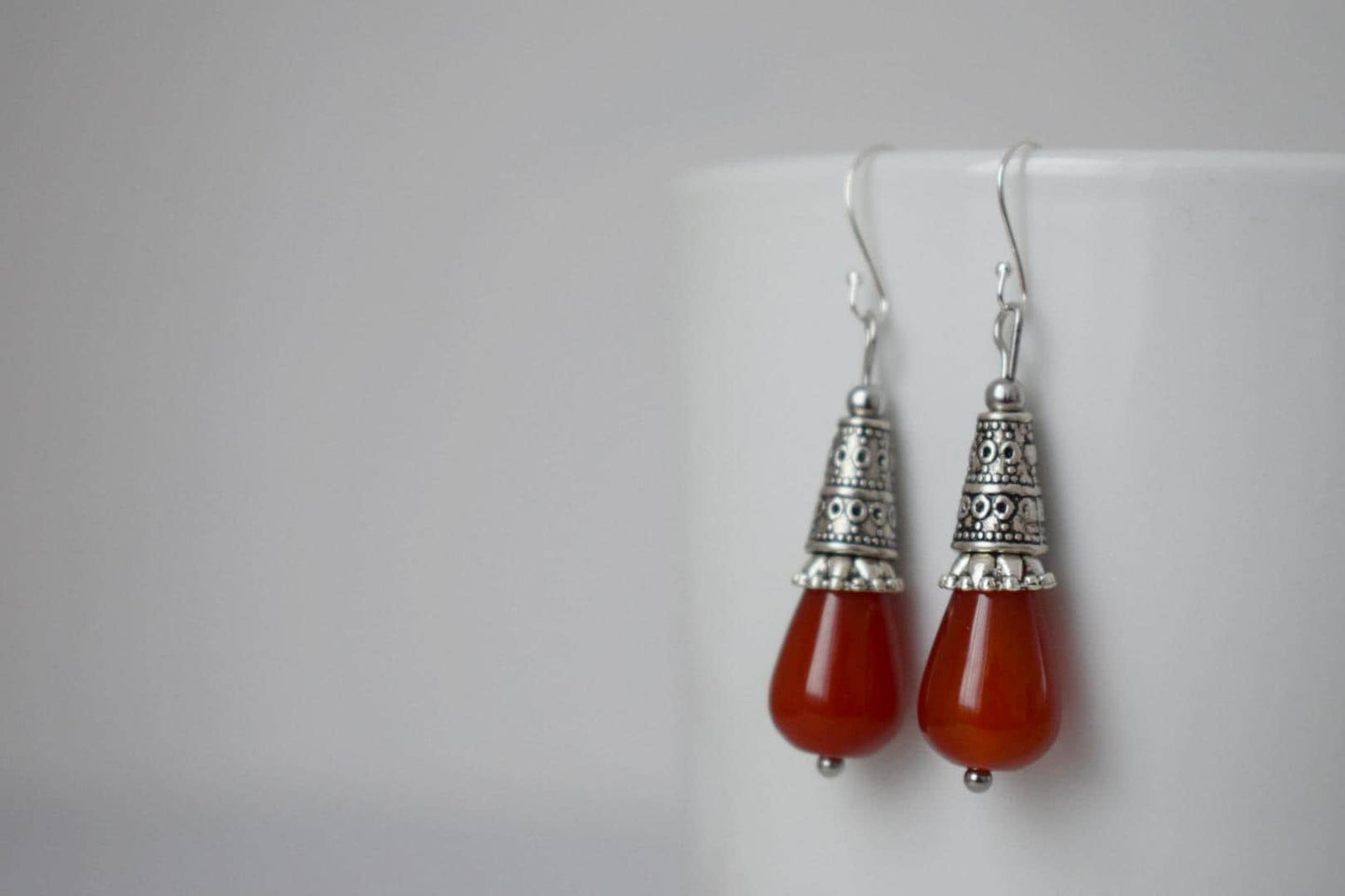 Carnelian teardrop earrings, Boho red gemstone earrings, Vintage dangle and drop earrings, Sterling silver earring hooks, Jewelry gift her