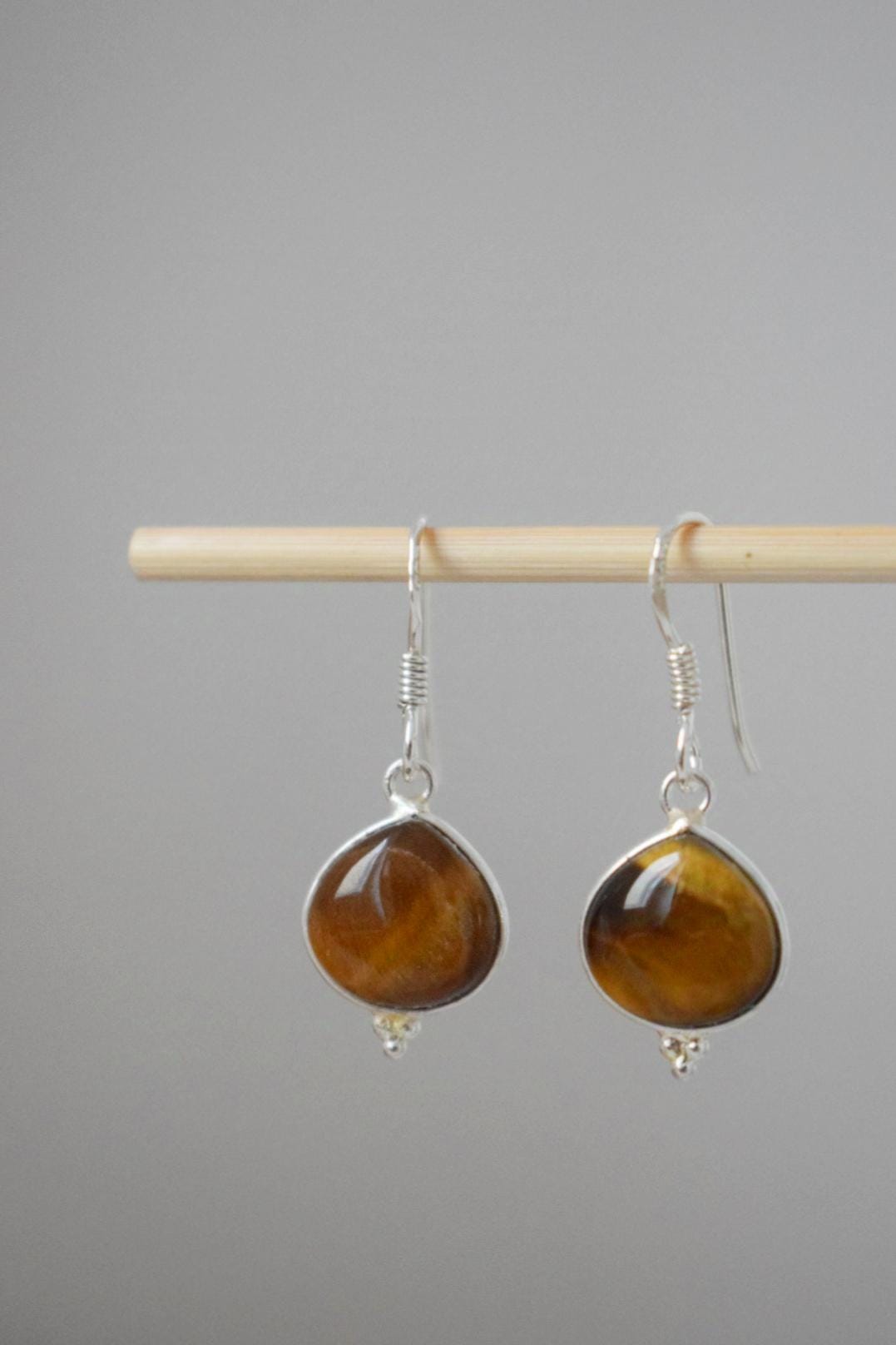 Tiger eye sterling silver earrings, Teardrop gemstone dangle earrings, Tiger's eye natural stone, Unique jewelry, Best christmas gift her