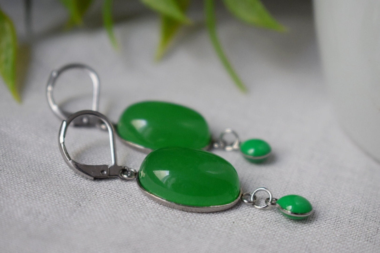Green jade dangle earrings, Oval gemstone huggie hoops, Enamel pendant hanging earrings, Handmade boho jewelry, Best christmas gift for her