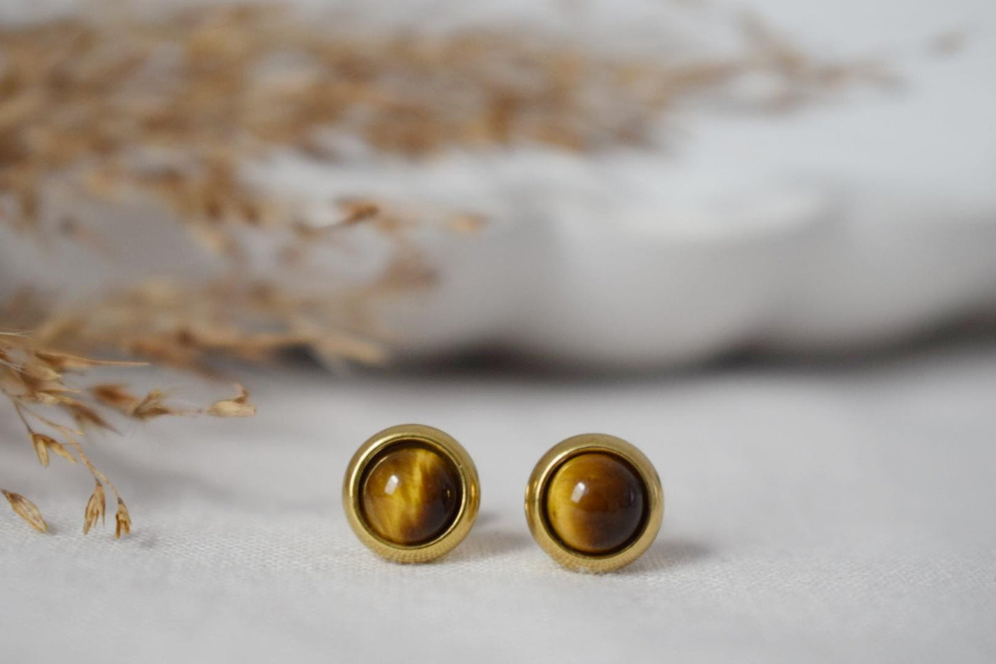 Mini Tiger Eye Stud Earrings, 18k Gold Plated Gemstone 6mm Stud Earrings, Small Brown Stone, Minimalist Tigers Eye Chakra Jewelry, Gift Her