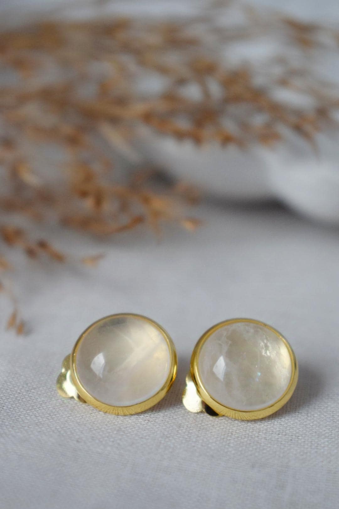 Golden clip on earrings with quartz, 12mm round gemstone, Non pierced earrings, Stainless steel jewelry, No hole earrings, Handmade gift
