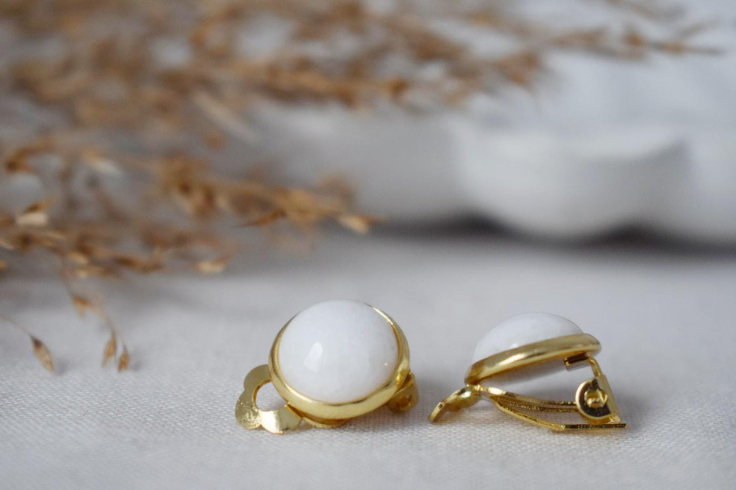 White jade clip on earrings, Golden small gemstone ear clips, Non pierced earrings, No hole earrings, Surgical stainless steel, Jewelry gift