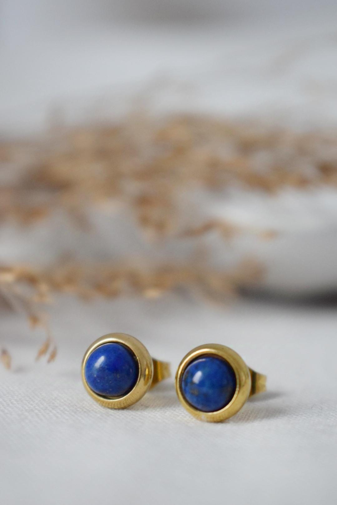 Mini Lapis Stud Earrings Gold, Small Blue Lapis Lazuli Earrings, Handmade Minimalist Jewelry, September Birthstone Studs, Gift for her