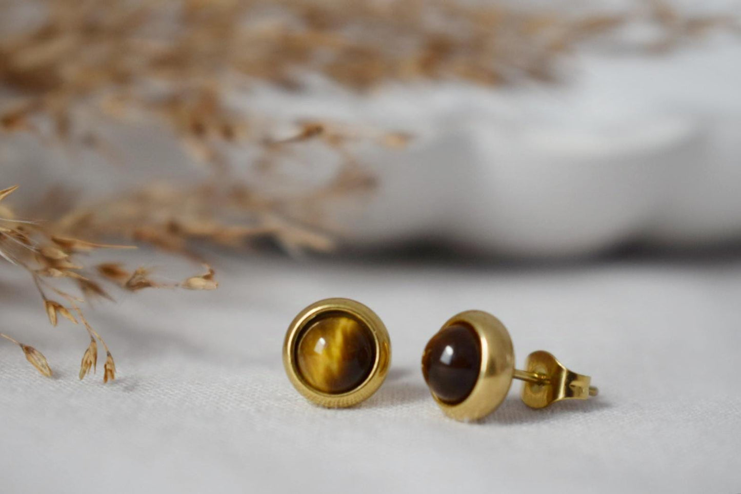 Mini Tiger Eye Stud Earrings, Gold Plated Gemstone 6mm Earrings, Small Brown Stone, Minimalist Tigers Eye Chakra Jewelry, Gift For Her