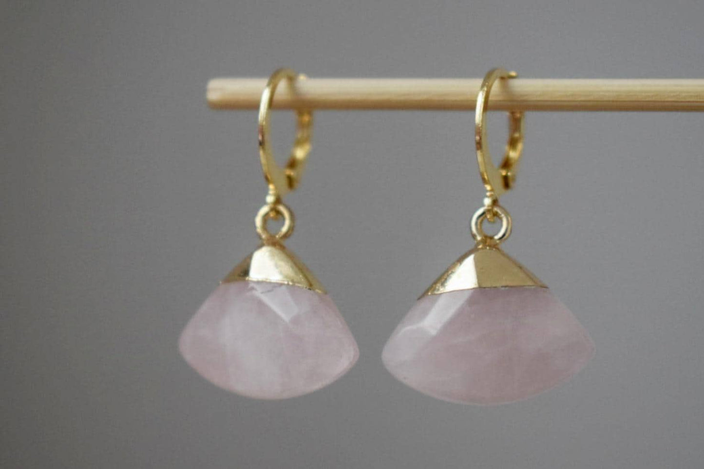 Gold plated huggie earrings with rose quartz pendant, Dangle stone earrings, Pink triangle drop earrings, Fan earrings, Jewelry gift for her