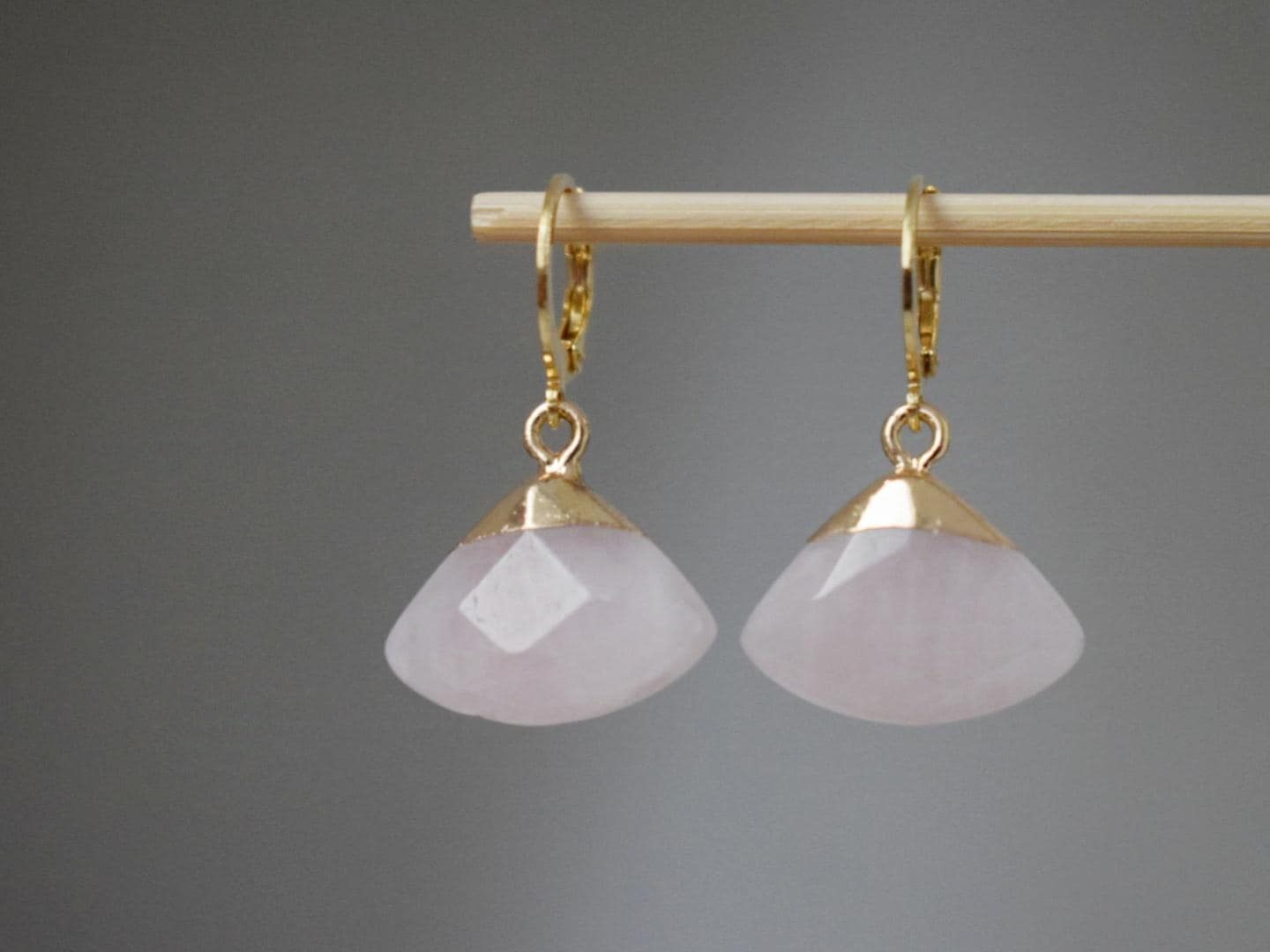 Gold plated huggie earrings with rose quartz pendant, Dangle stone earrings, Pink triangle drop earrings, Fan earrings, Jewelry gift for her