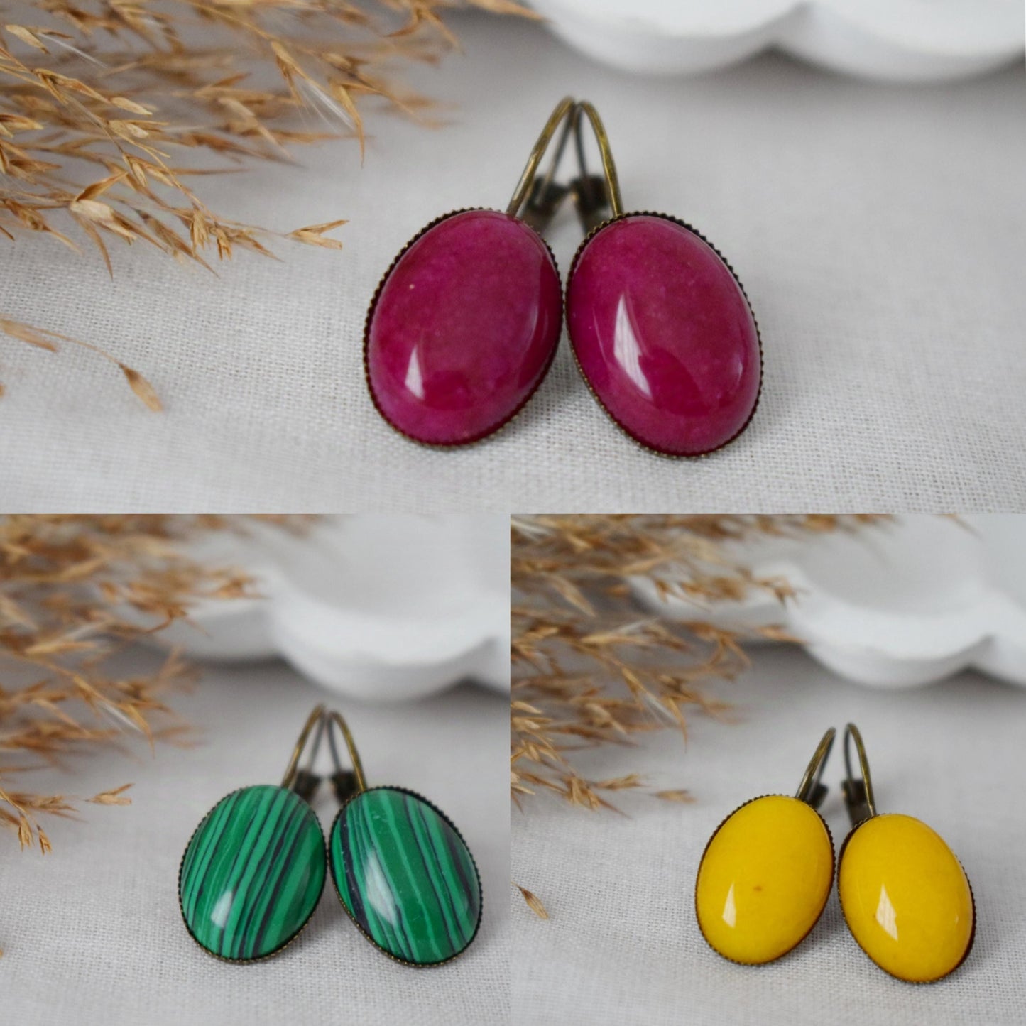 Green aventurine vintage earrings, Gemstone lever back earrings, Green stone, Dangle, Hanging, Oval, Antique bronze, Aventurine jewelry