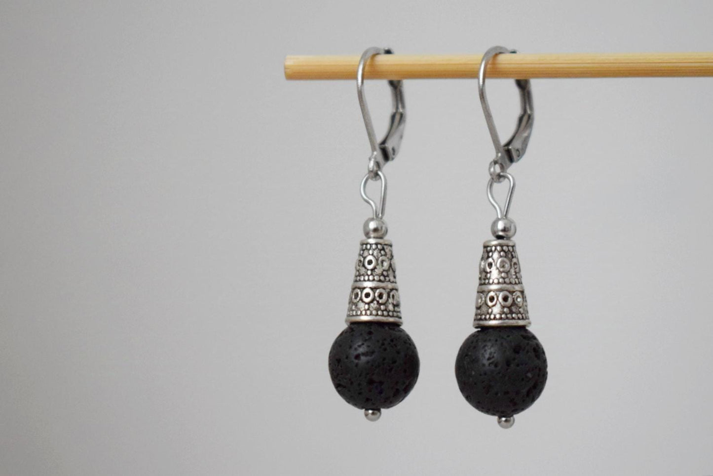 Lava stone bead earrings silver, Black gemstone huggie hoops, Boho earrings, Lava rock, Diffuser Jewelry, Essential oil, Unique gift for her