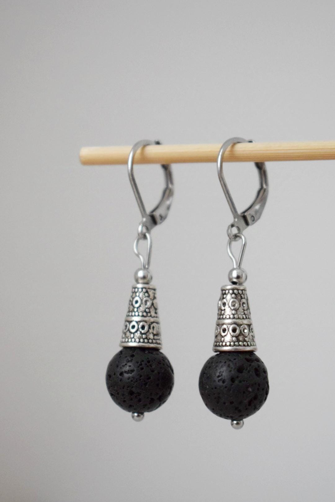 Lava stone bead earrings silver, Black gemstone huggie hoops, Boho earrings, Lava rock, Diffuser Jewelry, Essential oil, Unique gift for her