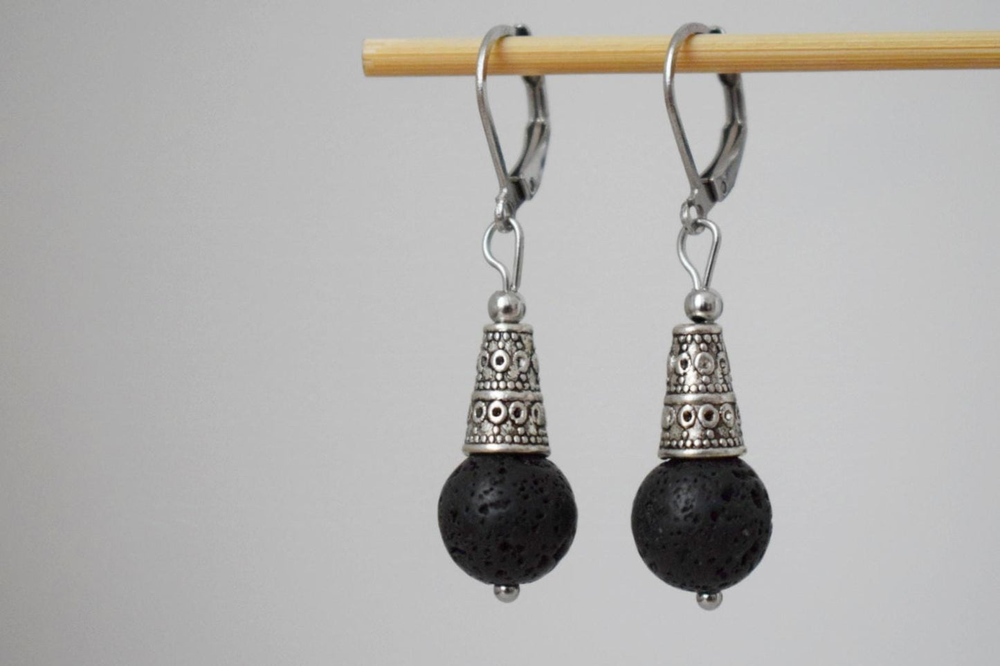 Lava stone bead earrings silver, Black gemstone huggie hoops, Boho earrings, Lava rock, Diffuser Jewelry, Essential oil, Unique gift for her